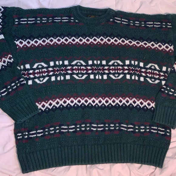 vintage 90s eddie bauer cotton knit pullover sweater fair isle green navy red L - Picture 5 of 6